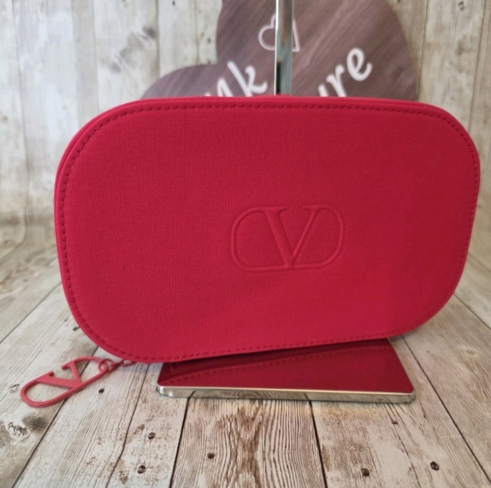 Valentino Logo  Cosmetic Hard Shell Zipper Red Bag w/ Samples